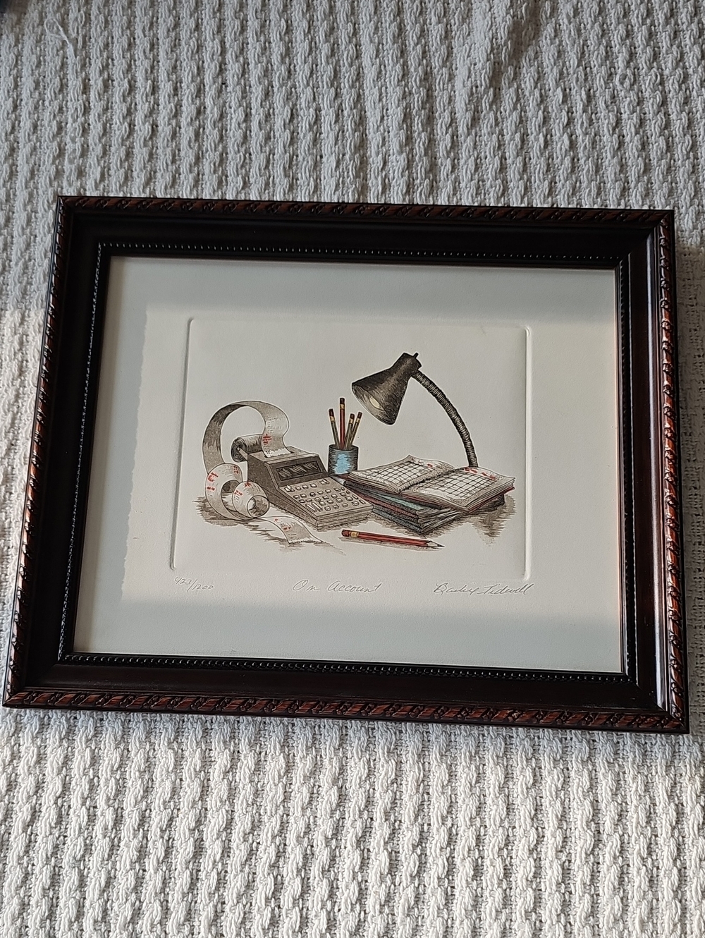 Framed Office Still Life Art Print in Brown Frame